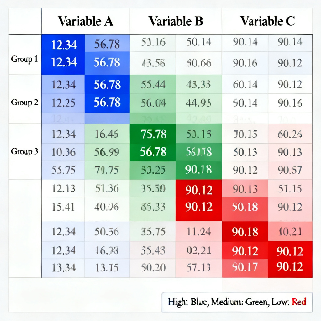 A multi-dimensional data comparison table with clear headers, color-coded cells, and precise numbers, academic style.