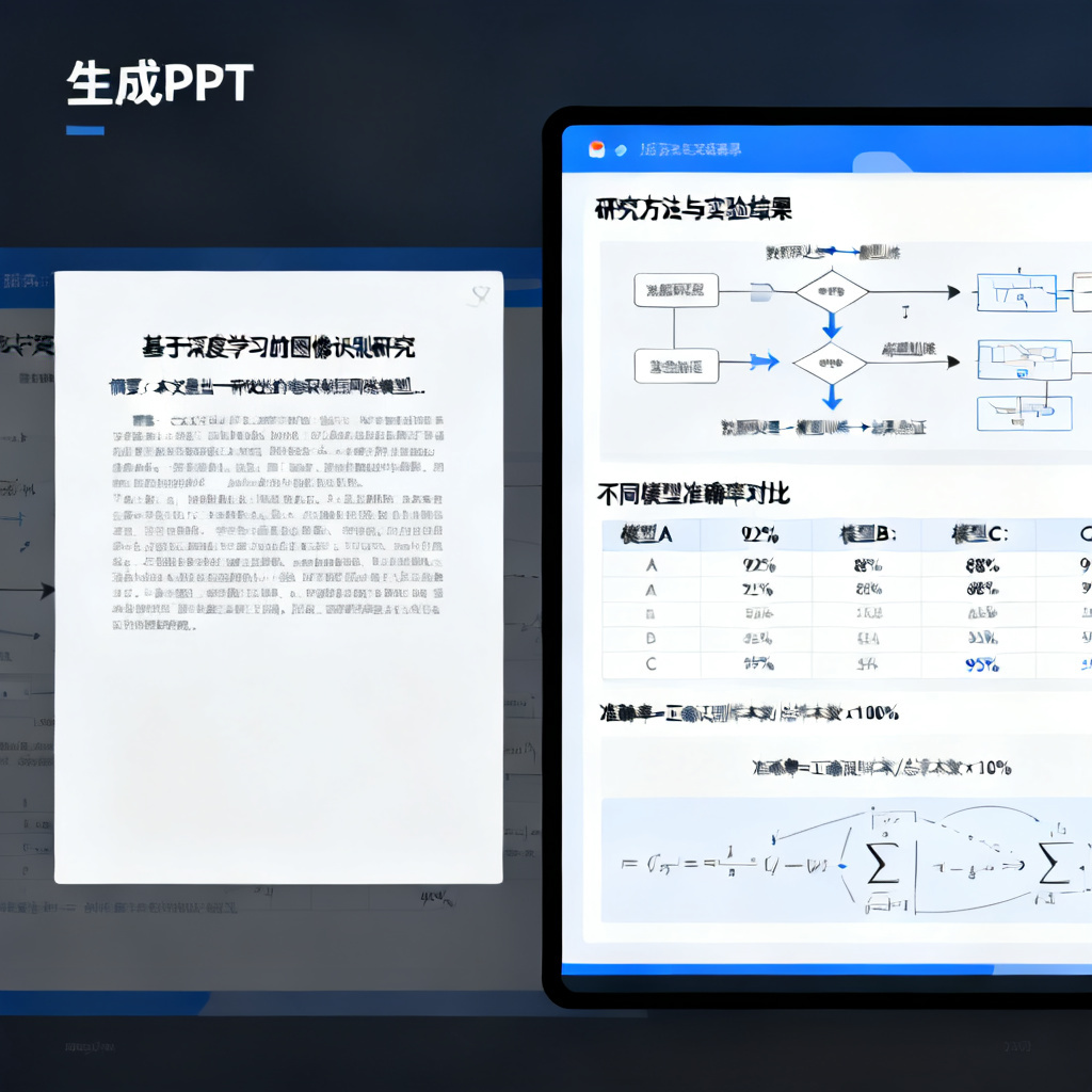 ChatPPT界面展示学术模板示例，左侧是论文文本，右侧是生成的PPT页面，包含实验流程图、数据对比表和公式，排版整洁，配色克制。