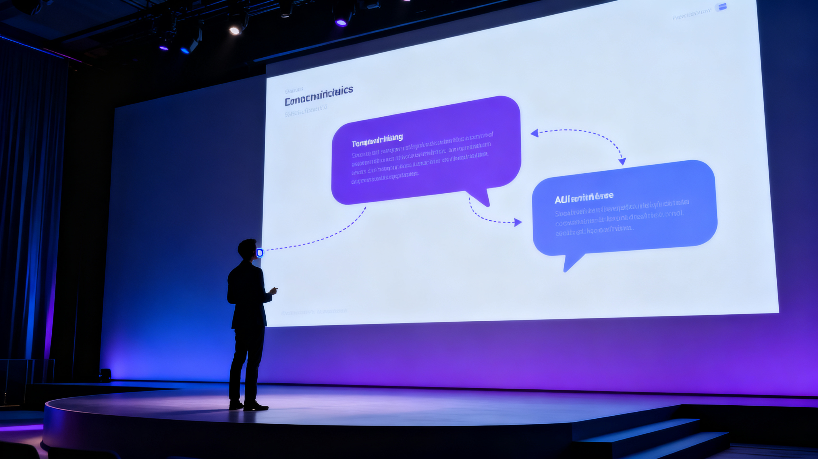 A professional presenter standing on a modern stage, silhouette visible against a large projection screen displaying a sleek presentation slide, AI-generated speech bubbles flowing from the screen toward the presenter's ear like a teleprompter, cinematic lighting, deep blue and violet color tones, high detail, 4K