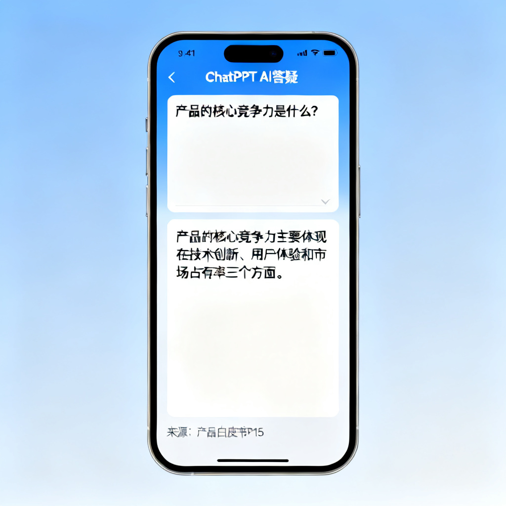 一个手机屏幕显示ChatPPT的AI答疑界面，用户输入问题“产品的核心竞争力是什么？”，AI自动回答并标注来源页码。
