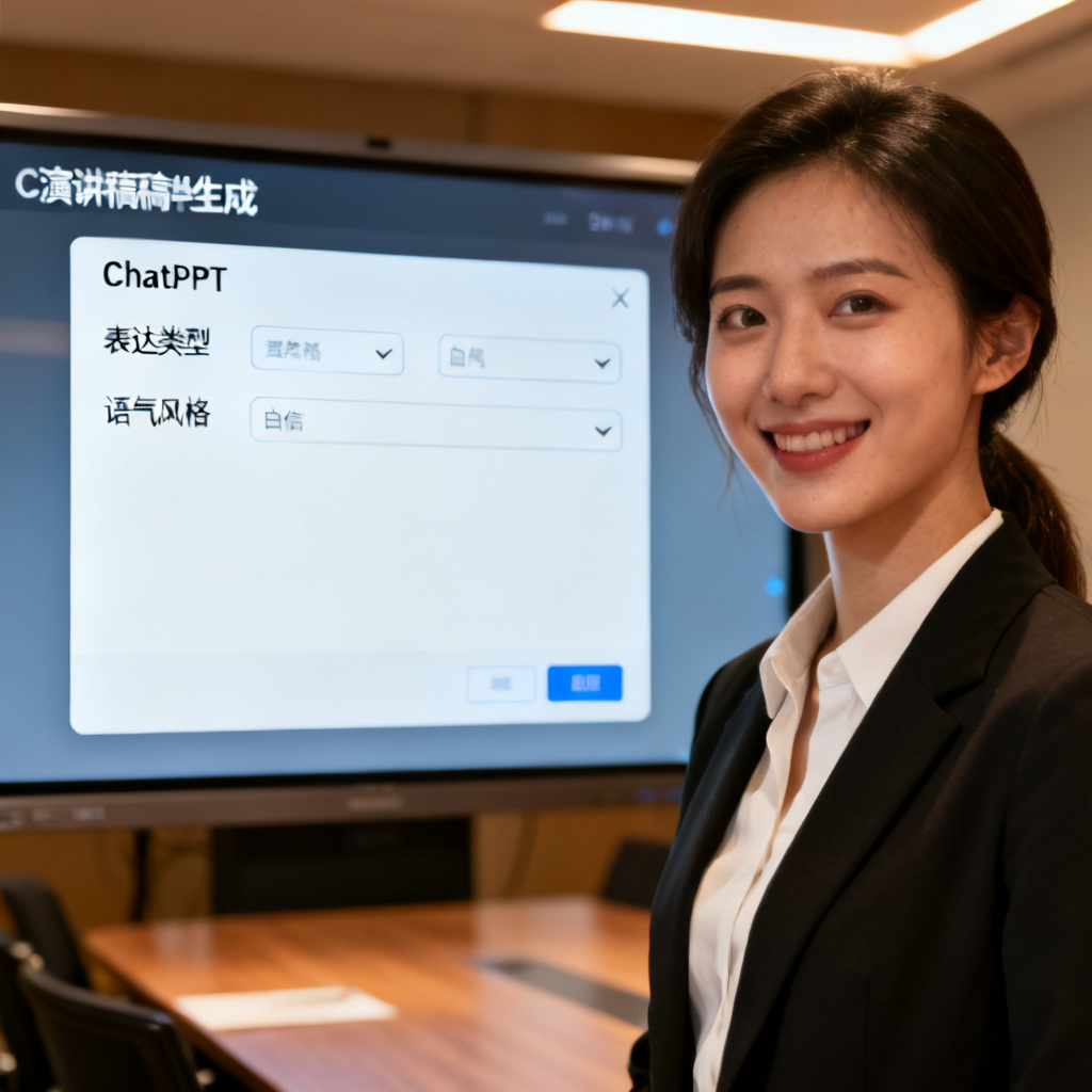 一位职场人站在会议室屏幕前，屏幕显示ChatPPT演讲稿生成界面，界面有“表达类型”和“语气风格”下拉菜单，表情从焦虑变为自信。