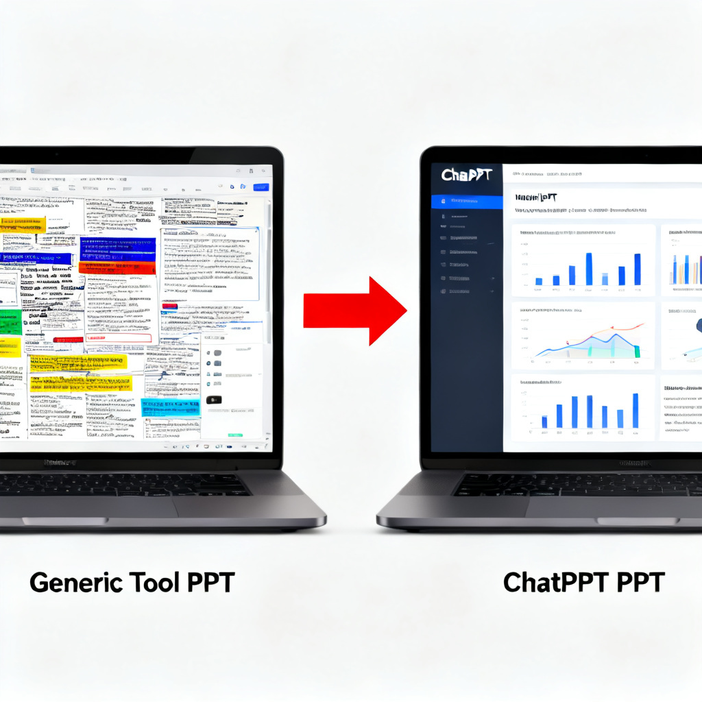 A side-by-side comparison of two laptop screens: one showing a confusing, cluttered PPT from a generic tool, the other showing a well-organized, data-rich PPT from ChatPPT, with a red arrow pointing to the better one