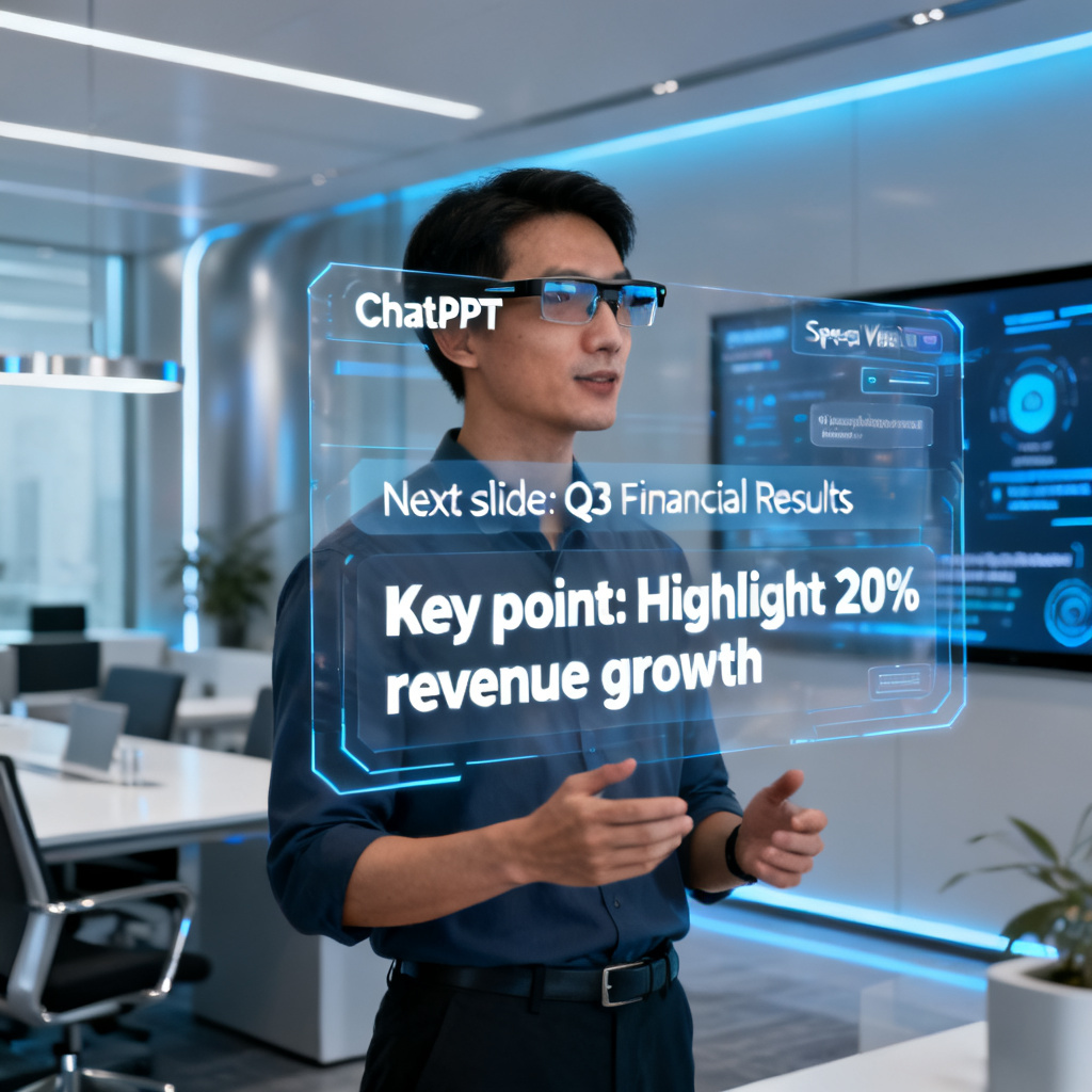 A professional presenter using a smart glasses interface with ChatPPT's speech view, showing real-time prompts and notes in a high-tech office setting.