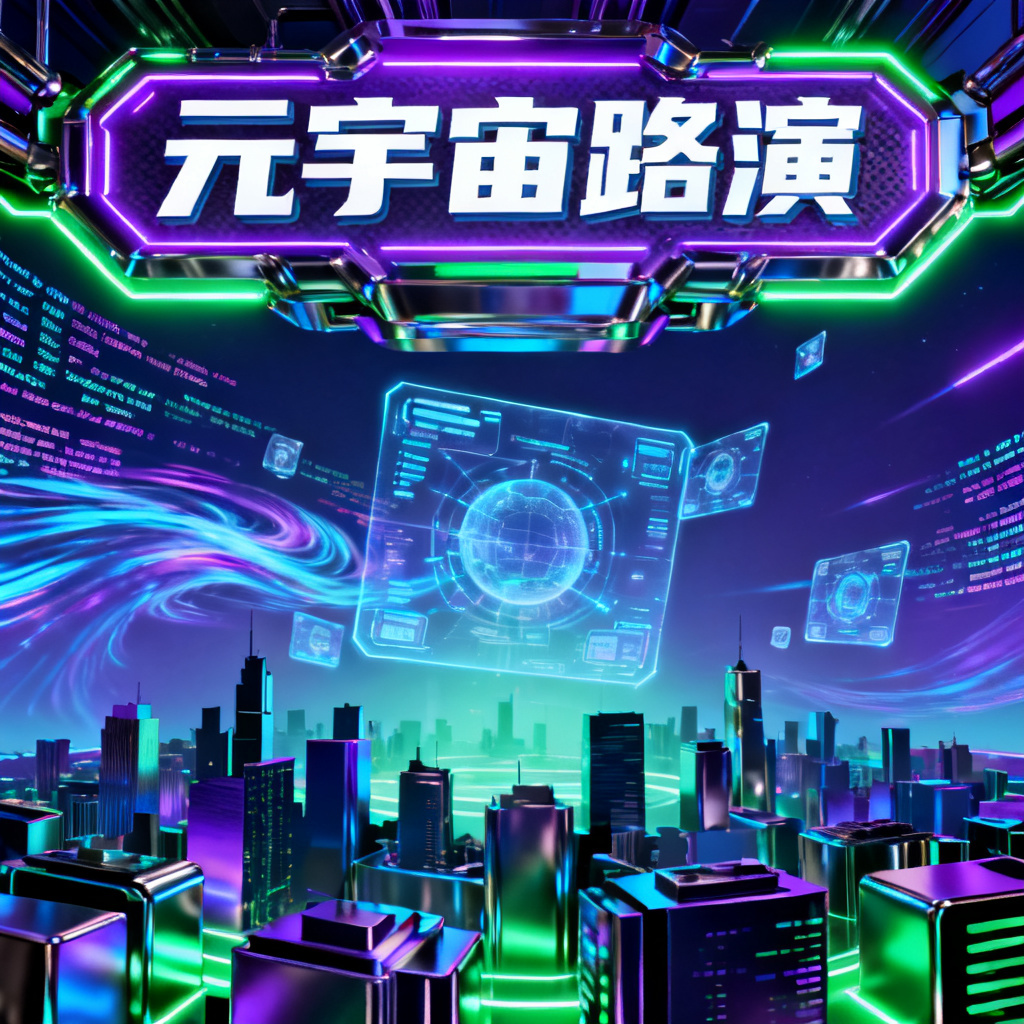 一个赛博朋克风格的元宇宙路演PPT封面,霓虹灯光与金属质感交织,背景有数据流和全息投影,前景是立体城市轮廓,整体色调以蓝紫和荧光绿为主