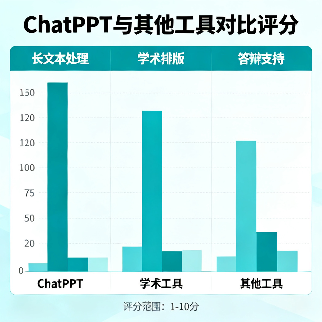 一张图表,对比ChatPPT与其他工具在长文本处理、学术排版、答辩支持三个维度的评分,ChatPPT全面领先