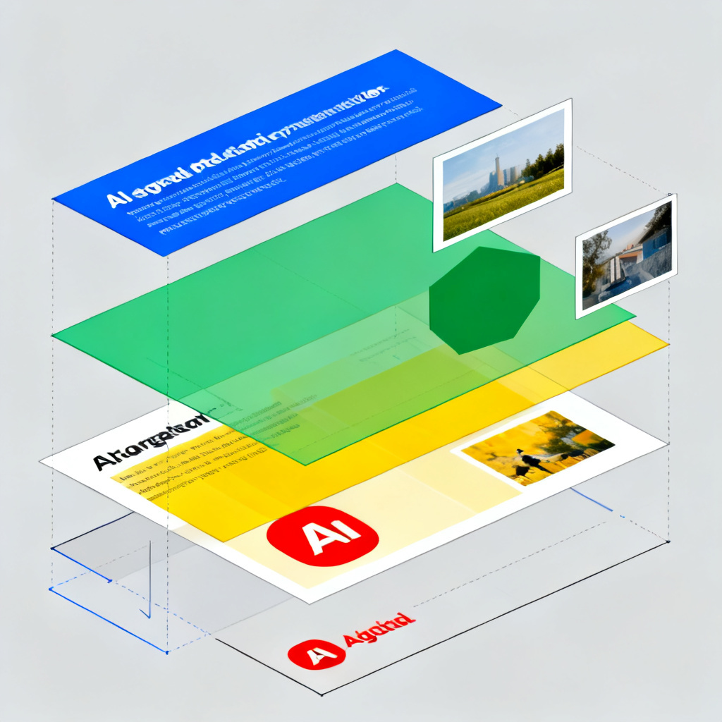 An exploded-view diagram of an AI-generated presentation slide, showing text, shapes, images, and logos being separated into individual floating, editable layers that can be manipulated independently
