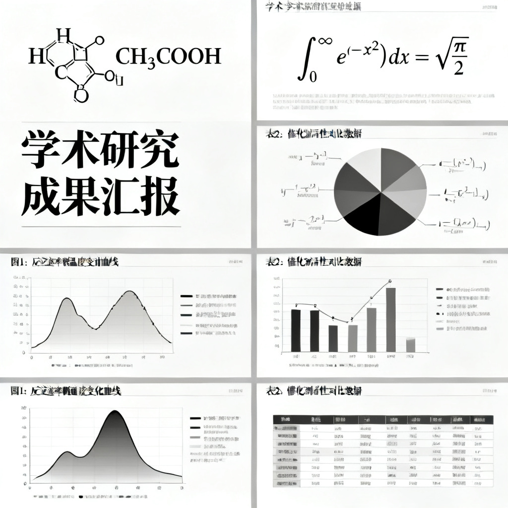一个包含化学分子式、数学公式和多维数据图表的学术PPT幻灯片,排版清晰,配色沉稳,体现严谨的学术风格