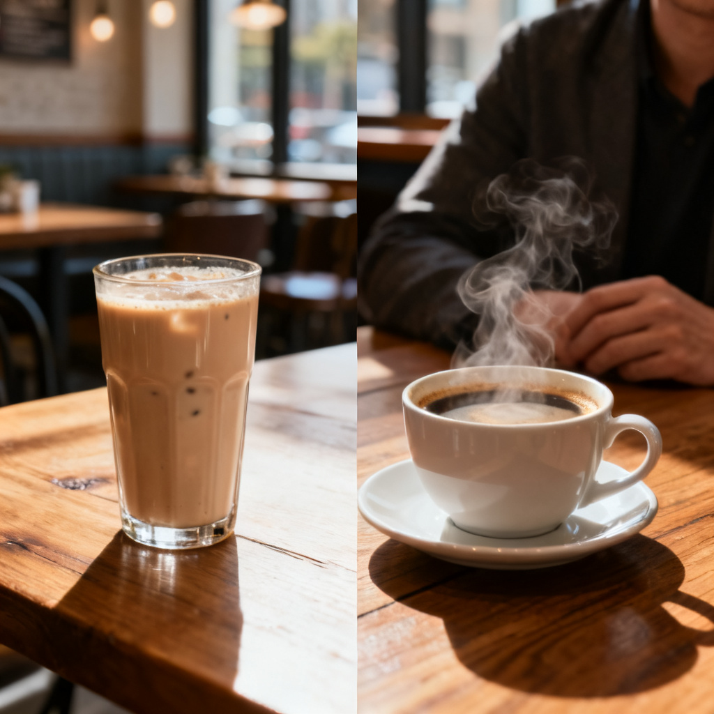 一张PPT页面，左侧是原图（一杯奶茶放在木桌上，背景是咖啡馆），右侧是修改后的效果（奶茶被替换为一杯热气腾腾的咖啡，木桌纹理和光影完全一致，背景中的人物姿势不变）