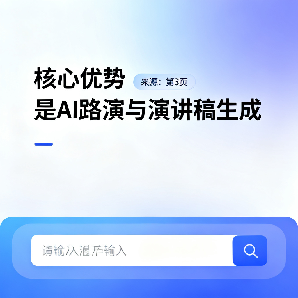 一个ChatPPT路演页面截图,底部有用户输入框,上方显示AI回答:“核心优势是AI路演与演讲稿生成”,旁边有一个小标签写着“来源:第3页”。界面风格现代,带渐变背景。