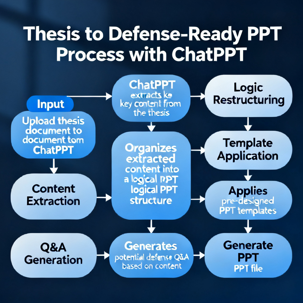 A flowchart showing the process from inputting a thesis to generating a defense-ready PPT with ChatPPT, highlighting the steps of content extraction, logic restructuring, template application, and Q&A generation.