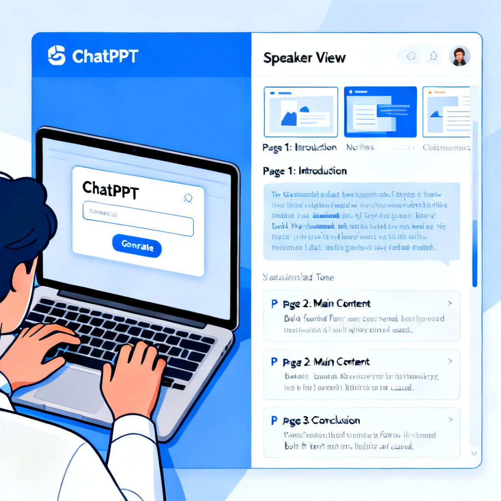 A split-screen illustration. On the left, a user types a prompt into ChatPPT interface. On the right, the system generates a full script with customizable tone and style, shown in a 'Speaker View' mode with page-by-page notes.