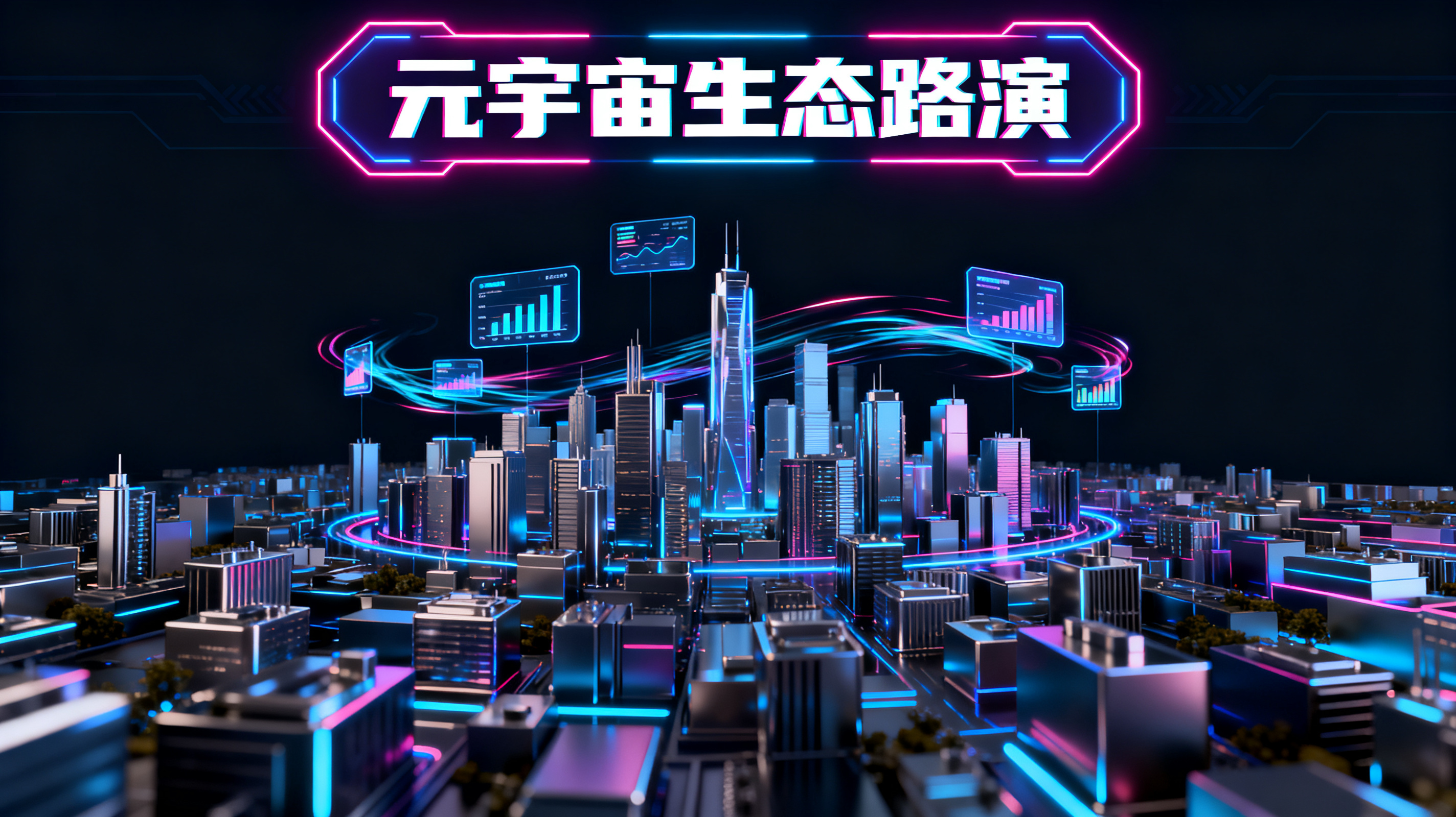 赛博朋克风格的元宇宙路演PPT页面，霓虹光效，3D城市景观，悬浮数据图表，深色背景，高对比度