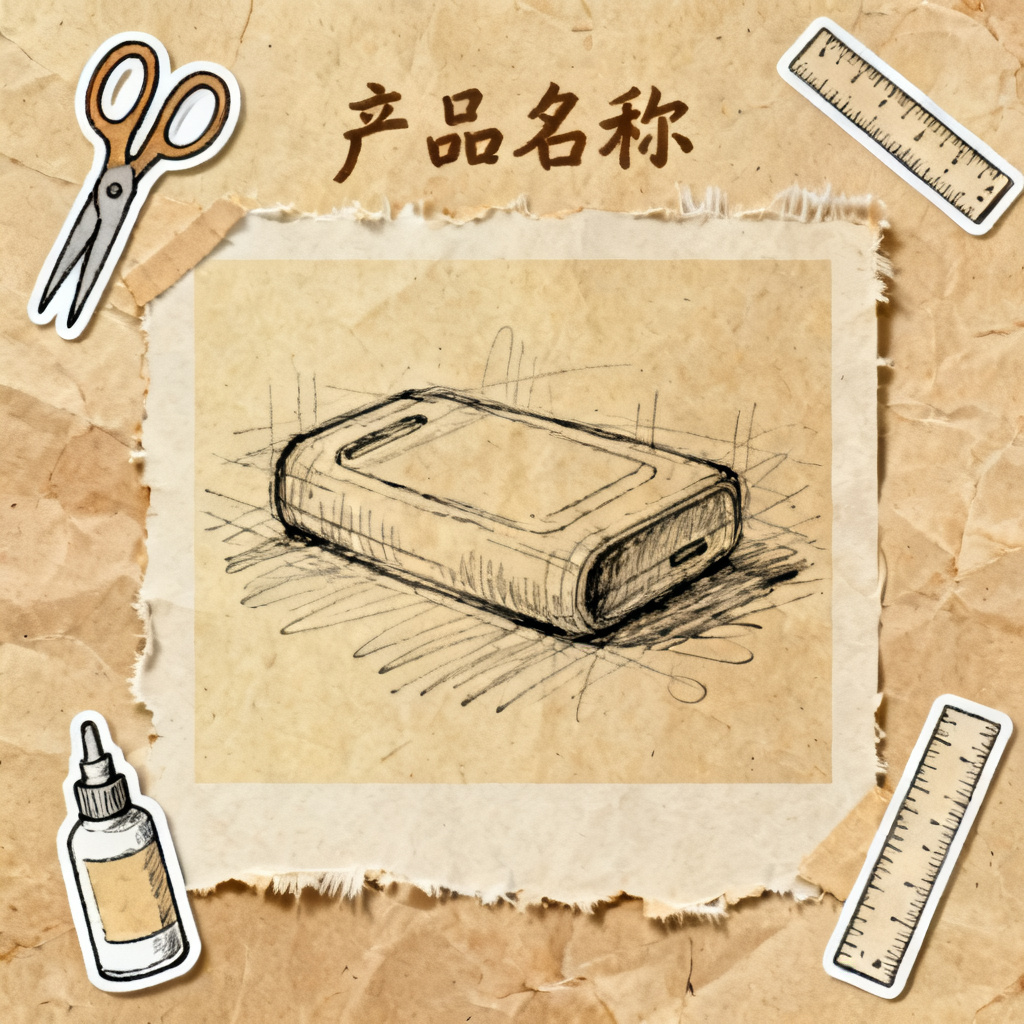 一张牛皮纸贴画风格的产品说明书内页,产品图片以手绘草图形式呈现,周围有剪刀、胶水、尺子等工具贴纸,背景为牛皮纸纹理,标题字体为手写体,整体呈现手工制作质感