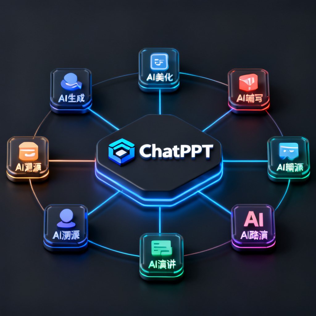 一个同心圆信息图，中心为ChatPPT标志，周围环绕8个模块图标：AI生成、AI美化、AI辅写、AI溯源、AI演讲、AI路演等，每个模块用不同颜色区分，深色背景，科技感线条，3D渲染