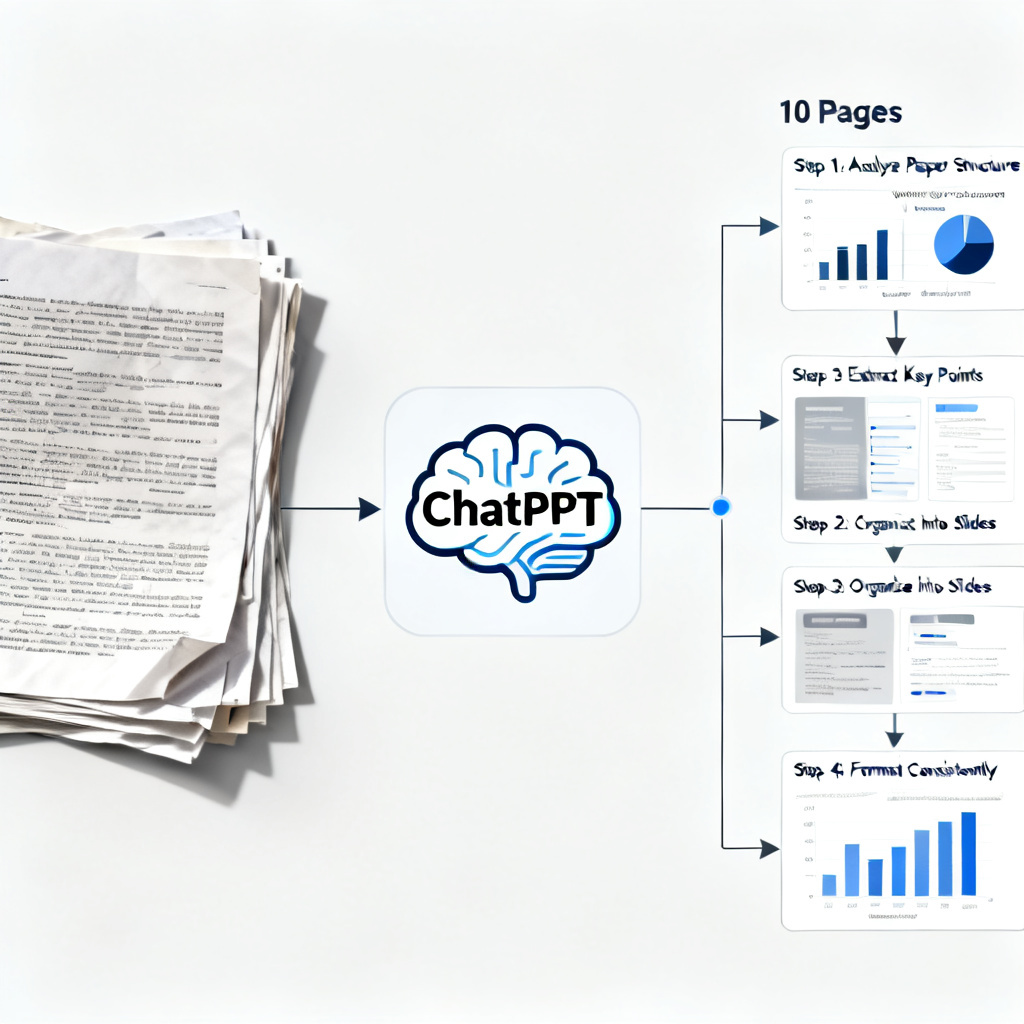 A detailed infographic showing a messy, long academic paper being transformed into a clean, structured 10-page presentation slide deck by a digital brain icon labeled 'ChatPPT'. The style is modern, clean, and academic, with flowcharts and data diagrams.