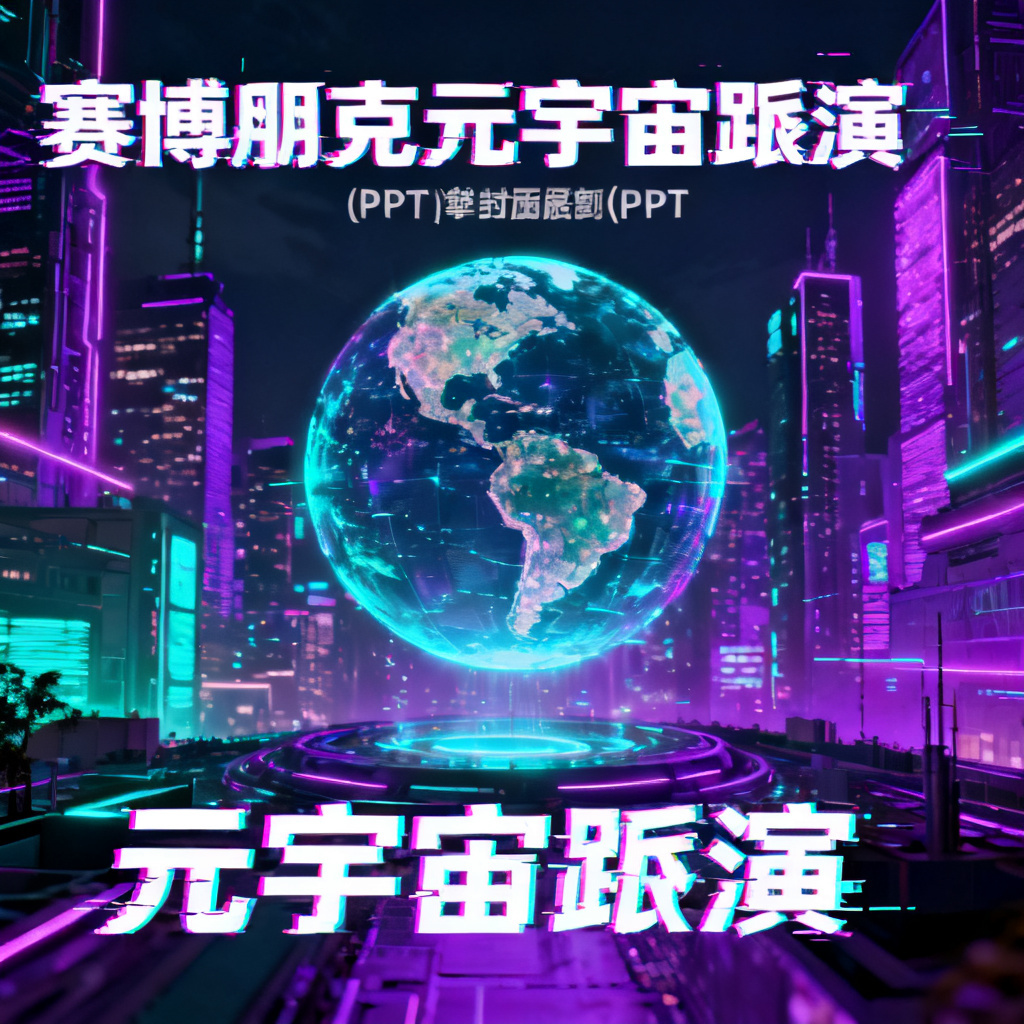 赛博朋克风格元宇宙路演PPT封面，背景为霓虹紫与青色交织的都市夜景，中心悬浮全息地球模型，文字使用故障艺术效果，整体呈现未来科技感与数字沉浸感。