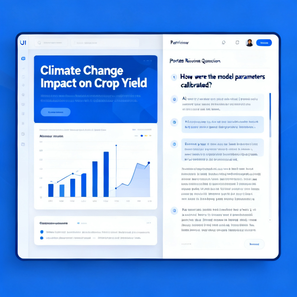A split-screen interface showing ChatPPT's Q&A prediction feature. Left side displays a slide about "Climate Change Impact on Crop Yield." Right side shows a list of potential reviewer questions with AI-generated answers, such as "How were the model parameters calibrated?" with a detailed response.