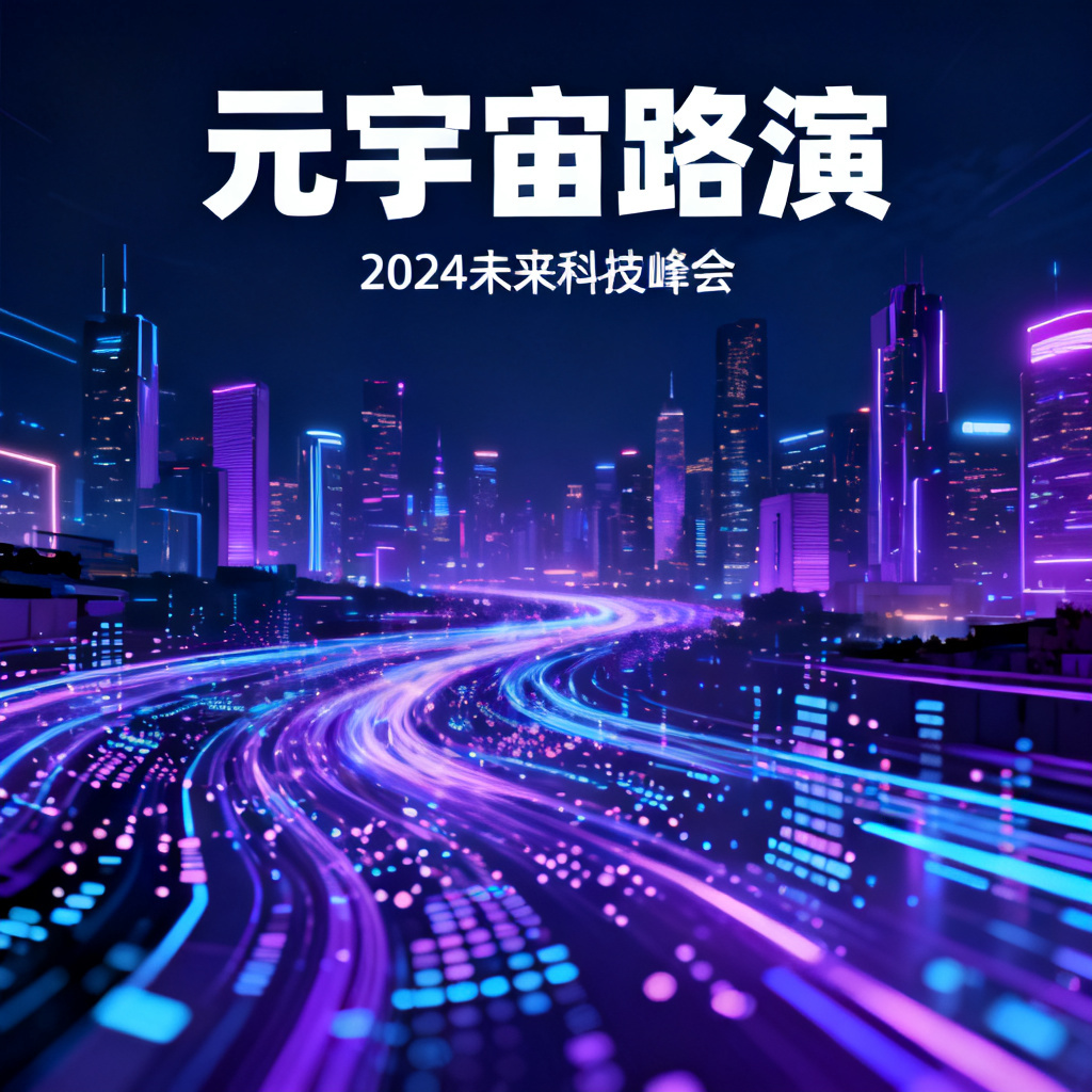 赛博朋克风格的元宇宙路演PPT，霓虹灯光，城市天际线，数据流，深蓝与紫色主色调，高对比度，数字粒子效果