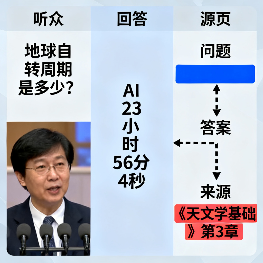 听众向AI提问,AI回答并高亮显示溯源页面,页面中有高亮标记和箭头指向,展示从问题到答案再到来源的完整链路