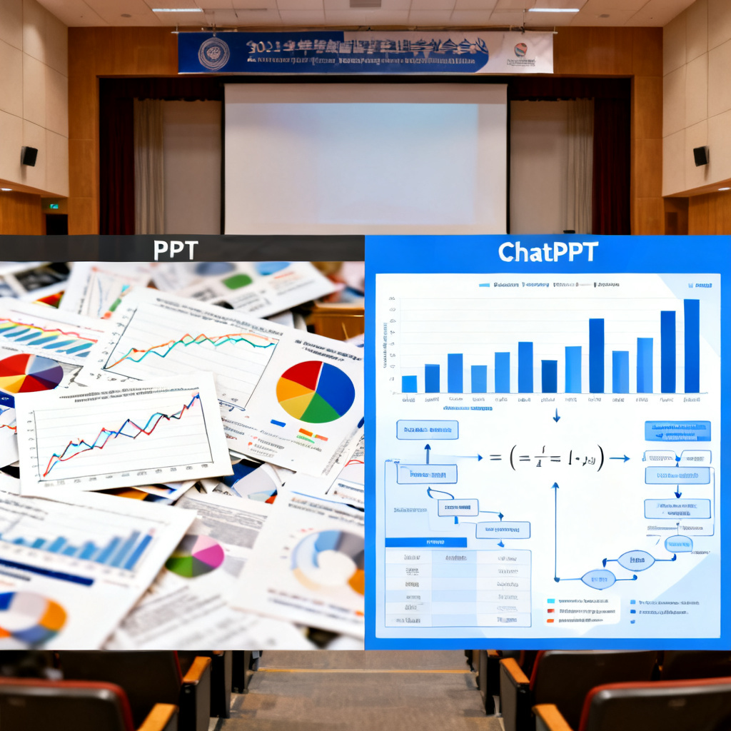 对比图：左侧是传统PPT的杂乱图表，右侧是ChatPPT生成的学术级数据可视化，包含清晰的柱状图、流程图和公式，风格简洁专业，背景为学术报告厅