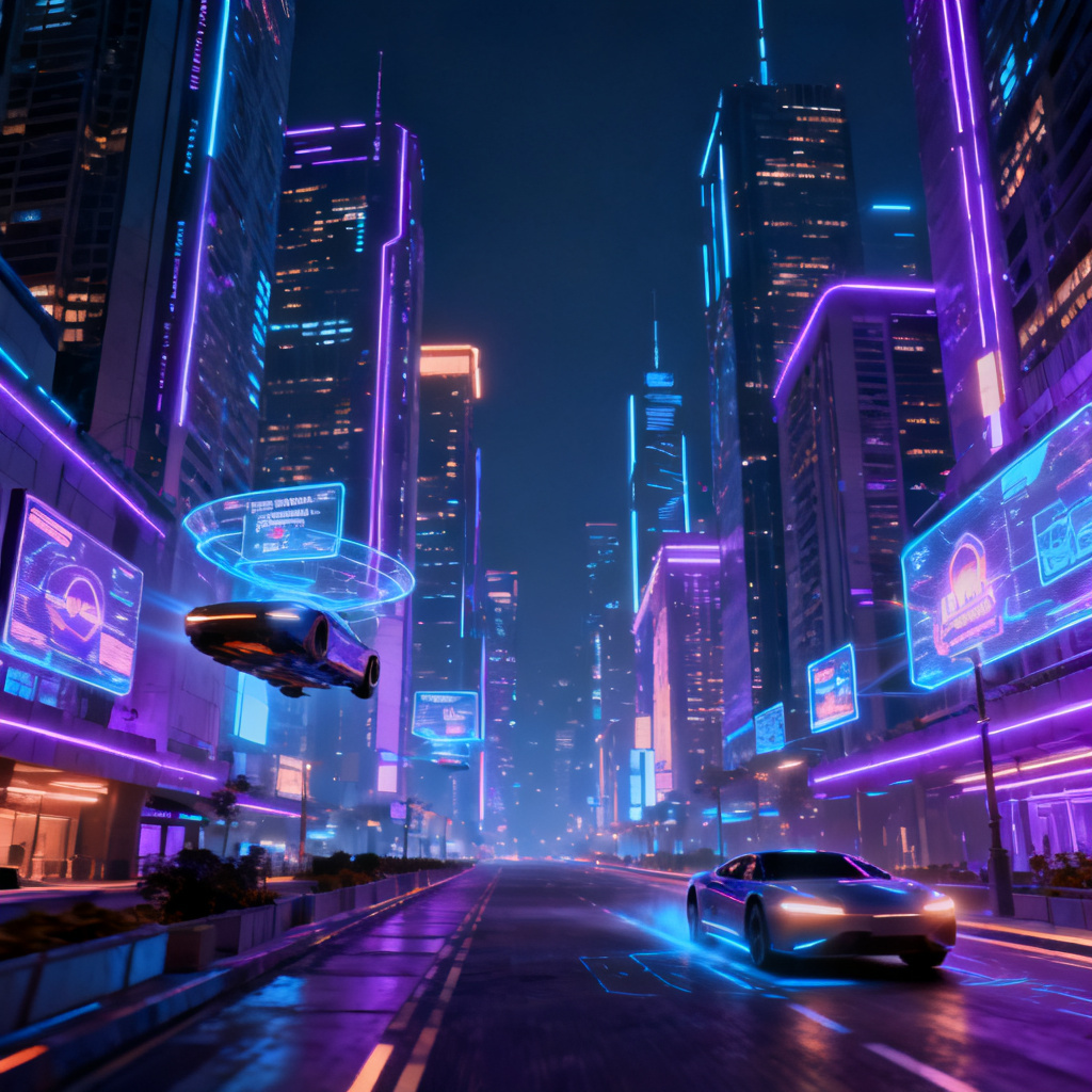一个赛博朋克风格的城市夜景,霓虹灯光,高对比度,作为PPT封面背景,文字区域留白。