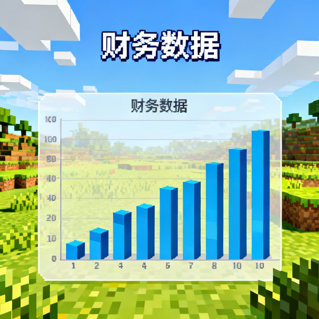 我的世界像素风格的财务数据展示页面,图表以方块形式呈现,背景是像素化的草原和天空,文字使用像素字体,整体色调明亮,带有游戏界面的设计感。