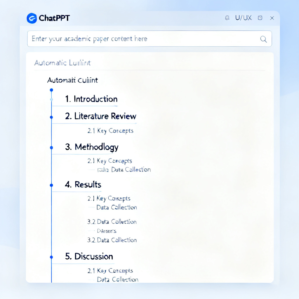 A screenshot of ChatPPT interface showing long text input and automatic outline generation for academic papers, with clear logical structure visualization.