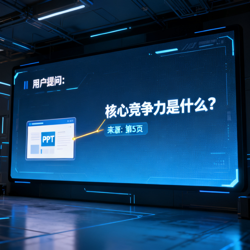 一块大型LED屏幕上显示用户提问‘核心竞争力是什么？’，答案下方自动标注‘来源：第5页’，并用高亮连线指向左侧的PPT缩略图。