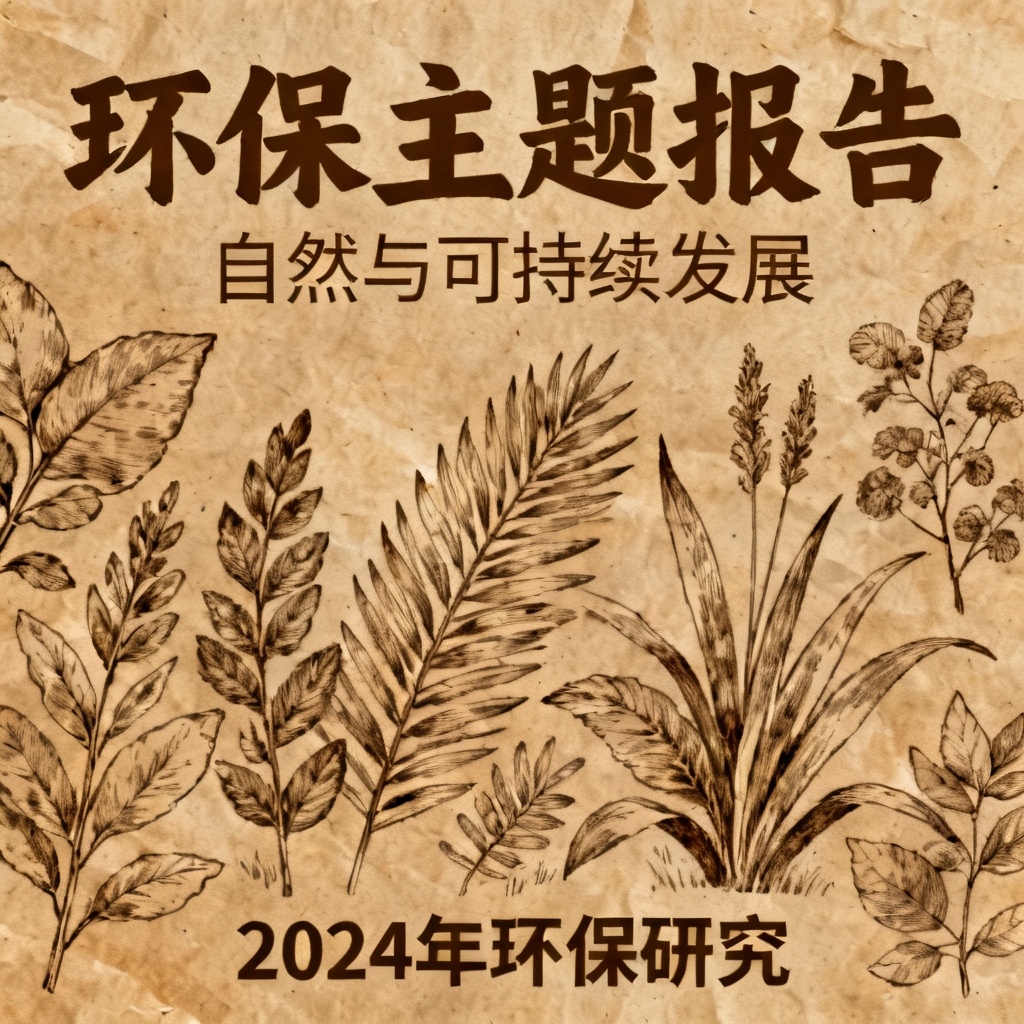 牛皮纸贴画风格的环保主题报告，手绘植物元素，自然纹理，暖色调，复古质感