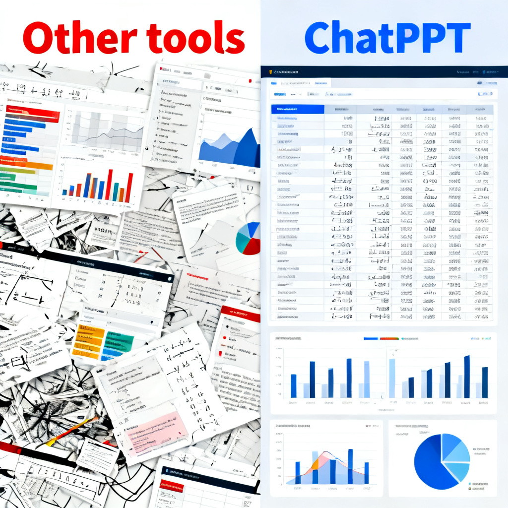 Side-by-side comparison of two academic slides: left side shows a messy, inconsistent slide with misaligned charts and truncated formulas (labeled "Other tools"); right side shows a clean, professional slide with well-aligned data tables, formulas, and charts (labeled "ChatPPT"). The contrast should be stark and visually informative.