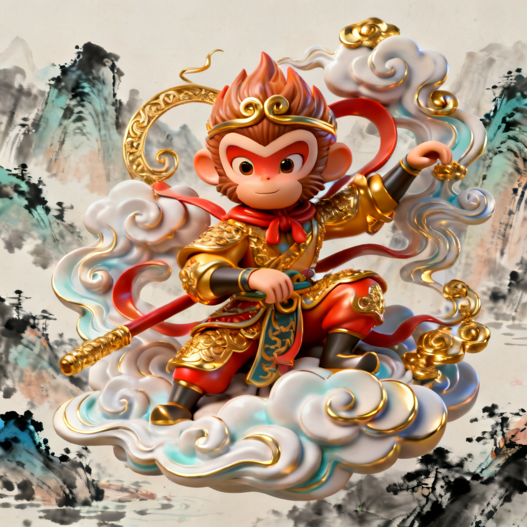 3D西游记风PPT封面，孙悟空形象立体，云纹与金色装饰，背景是水墨山水，色彩鲜艳