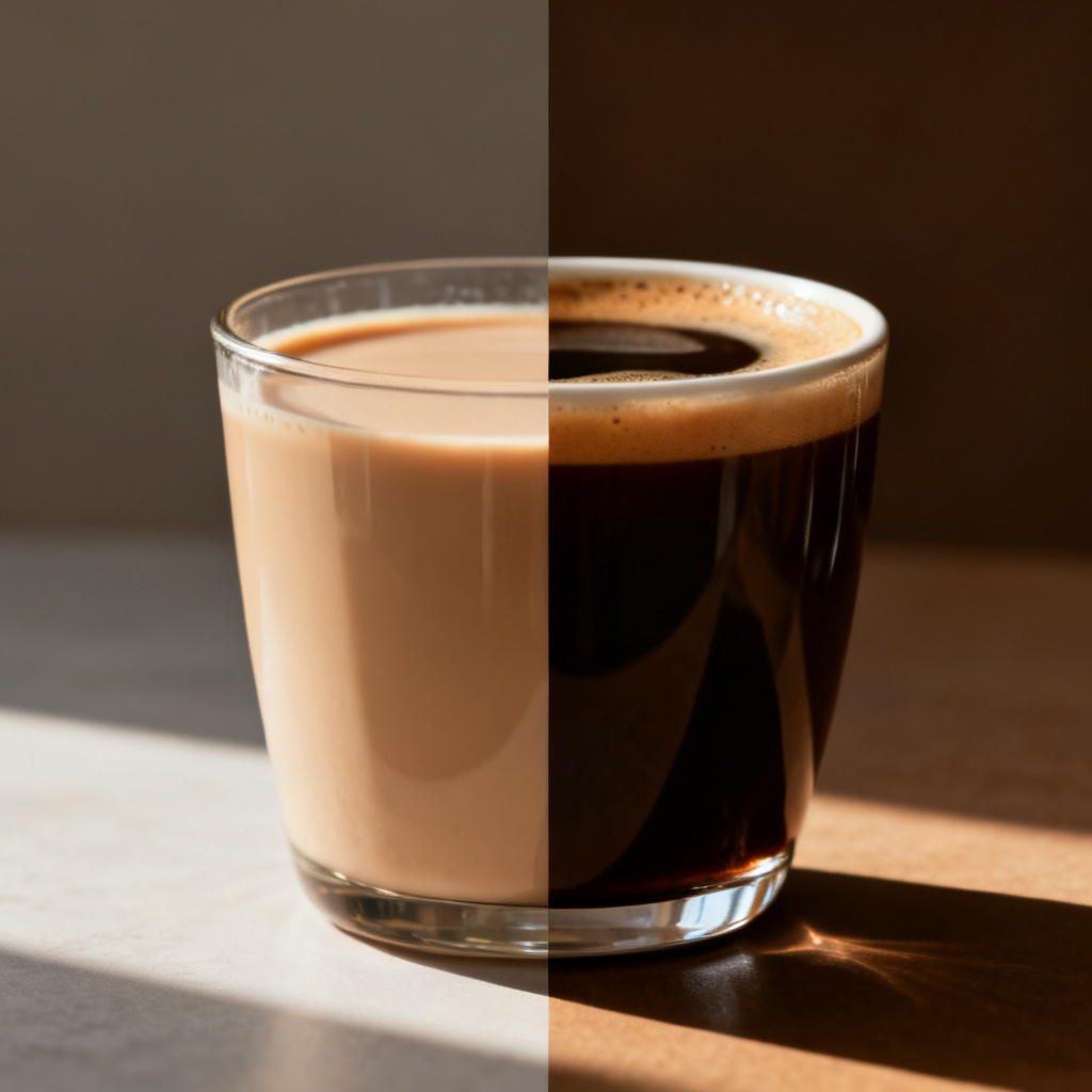 一张展示局部重绘前后的对比图，左侧是一杯奶茶，右侧被替换为一杯咖啡，光影和风格完全一致，无缝融合