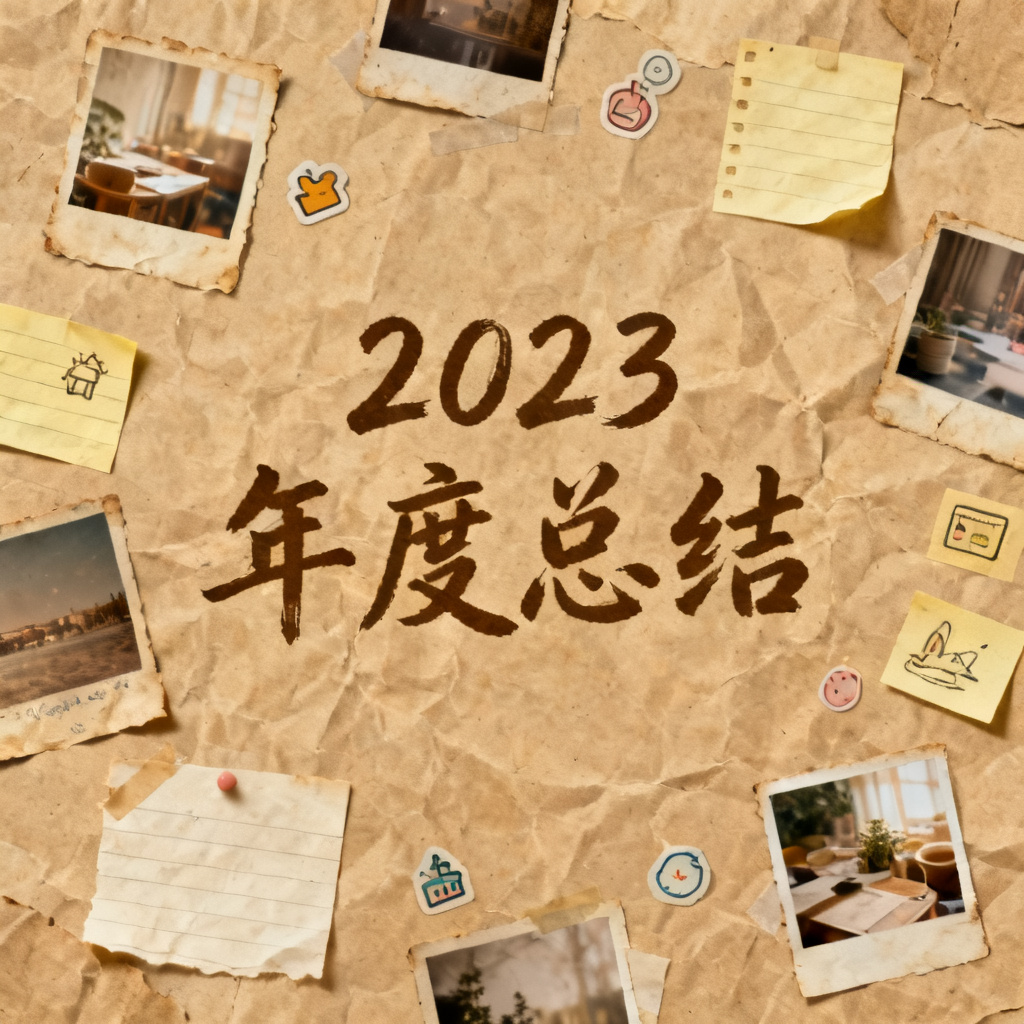 牛皮纸贴画风格年度总结，复古纹理，剪贴画，手写字体，温馨