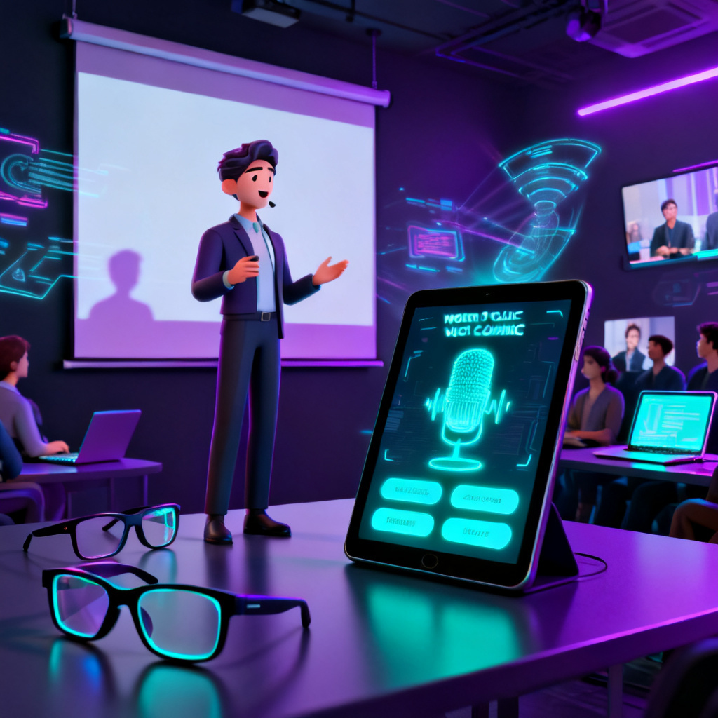 A digital avatar of a presenter speaking in front of a projection screen, with a voice cloning interface visible on a tablet, surrounded by smart glasses and a remote audience watching on laptops, cyberpunk aesthetic