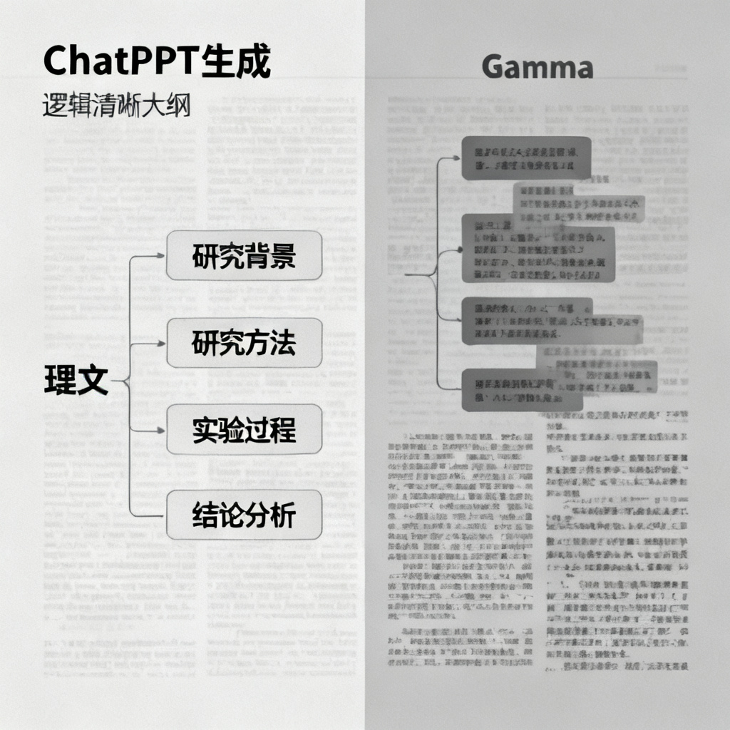 一张对比图，左侧显示ChatPPT生成的逻辑清晰的大纲，包含研究背景、方法、实验、结论四个层级，右侧显示Gamma生成的混乱大纲，跳跃且缺失关键步骤，背景为学术论文风格