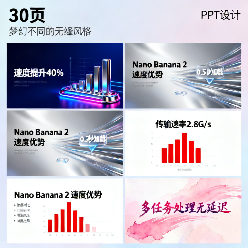 批量生成30页不同风格PPT,展示Nano Banana 2的速度优势,页面风格从赛博朋克到梦幻水彩无缝切换