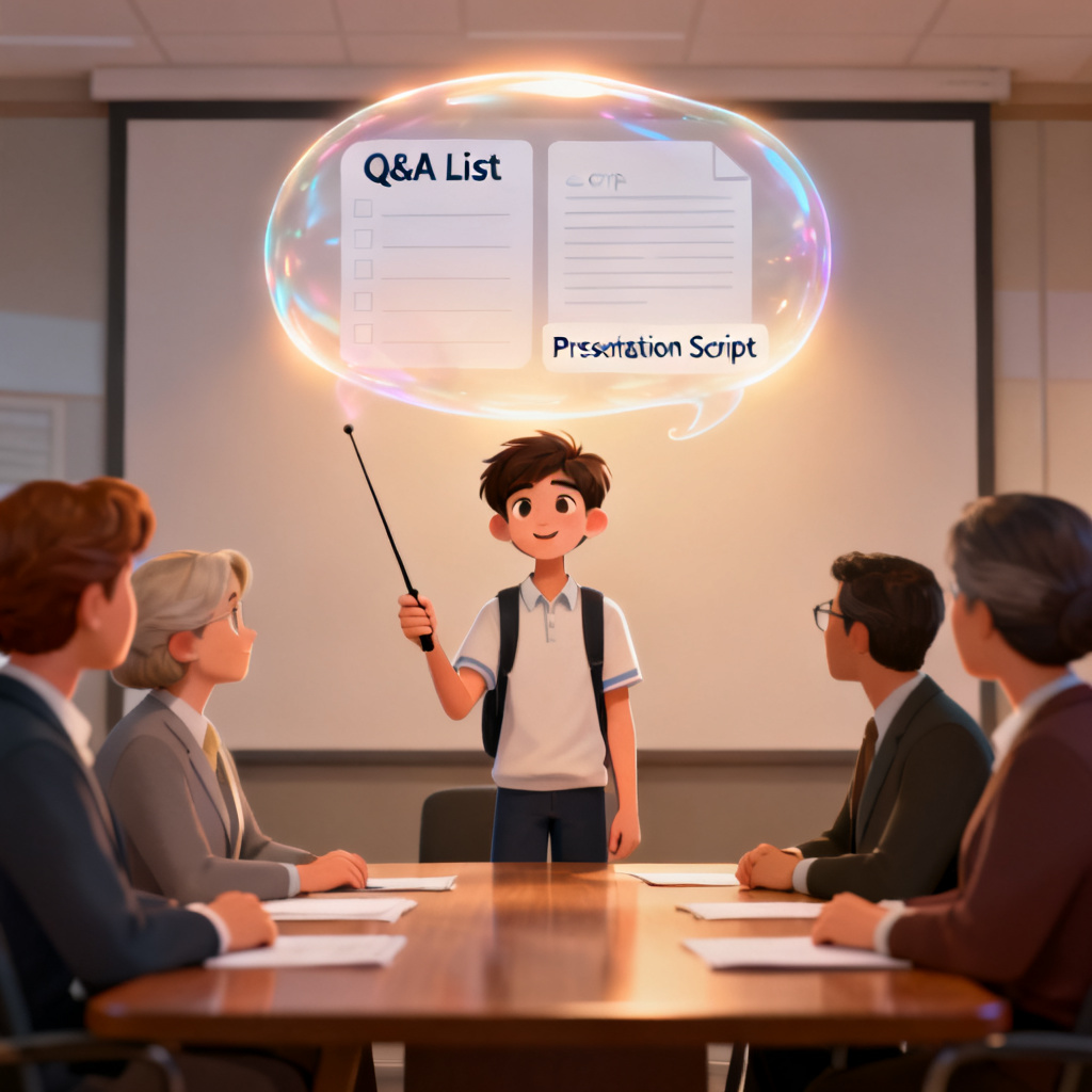 A student confidently presenting in front of a committee, with a floating bubble showing a Q&A list and a script, symbolizing 'defense assistant'.