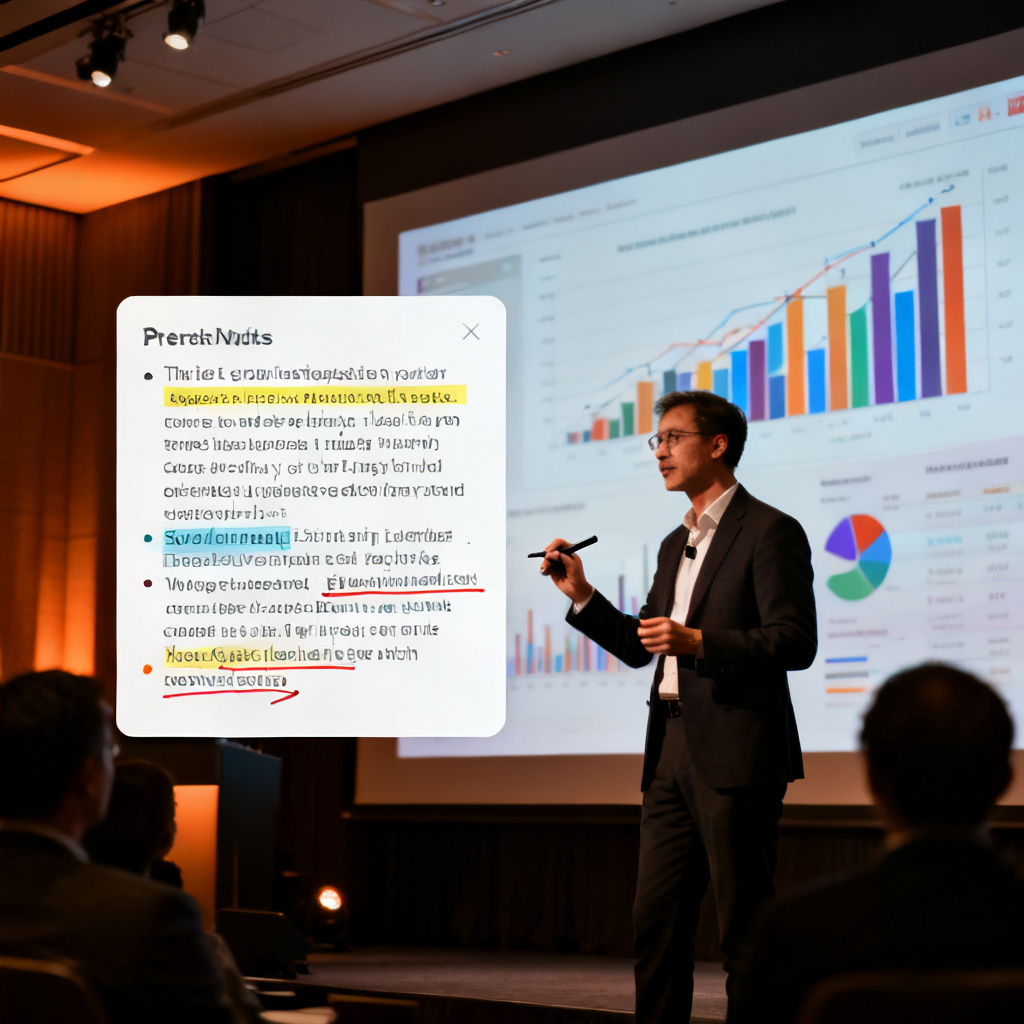 A professional presenter standing in front of a large screen, showing a slide with complex data charts. On the screen, a text box displays structured speech content with highlighted key points and transition markers. The presenter is using a smart pen to annotate the speaker notes. The background shows a modern conference room with dimmed lights and a focused audience.