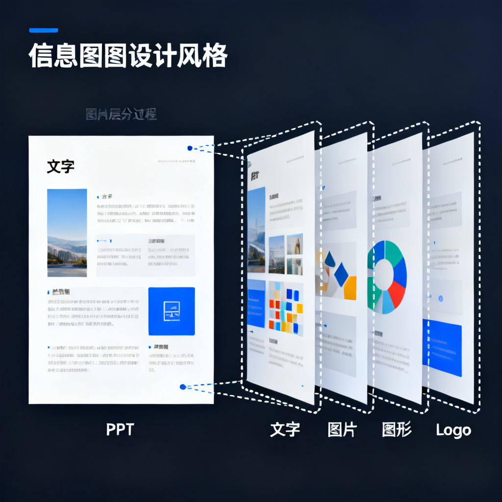 一张PPT页面被拆解为文字、图片、图形、Logo四个独立图层，展示图层分离过程