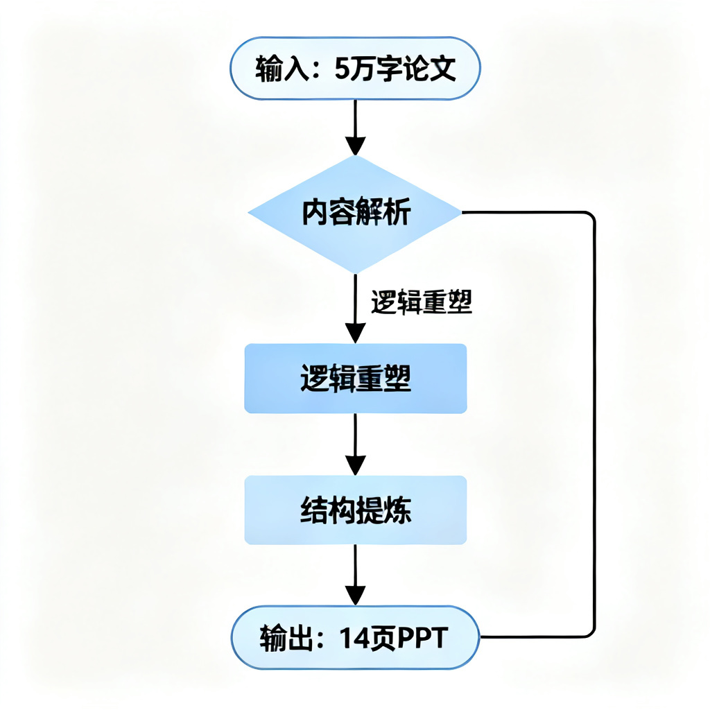 一个流程图,展示ChatPPT如何将5万字论文自动提炼成14页PPT,箭头标注“逻辑重塑”