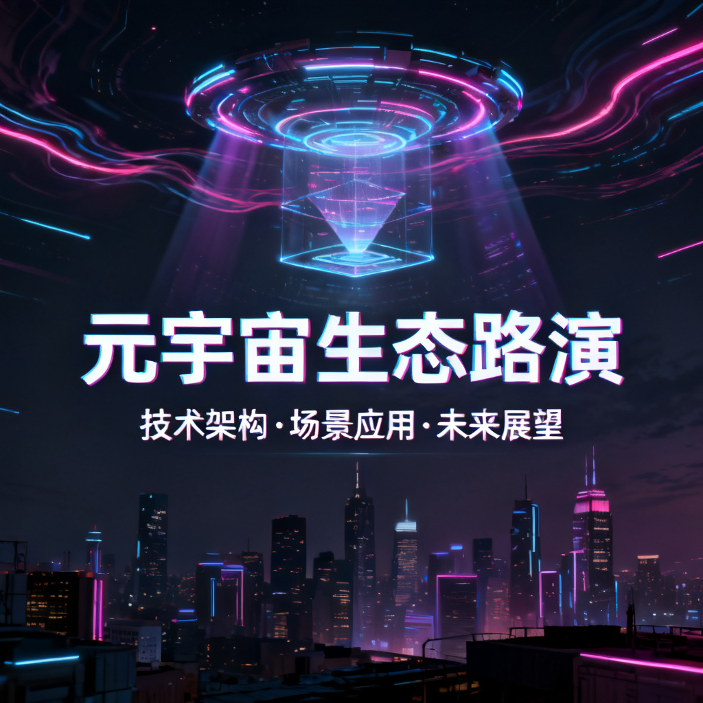 赛博朋克风格元宇宙路路演PPT，霓虹灯光，全息投影元素，城市天际线背景，科技感字体，暗色调为主