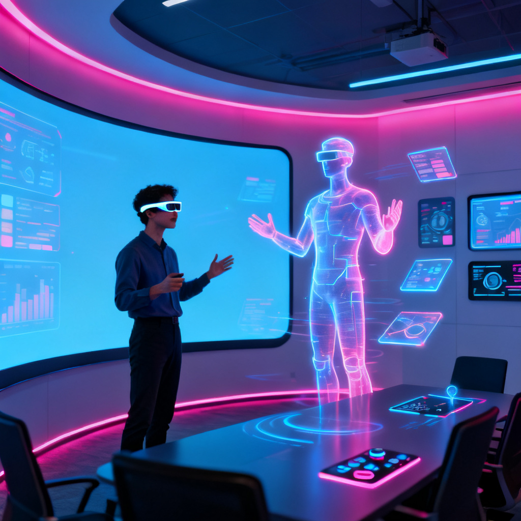 A person wearing smart glasses giving a presentation, holographic digital avatar on screen, futuristic meeting room with interactive displays