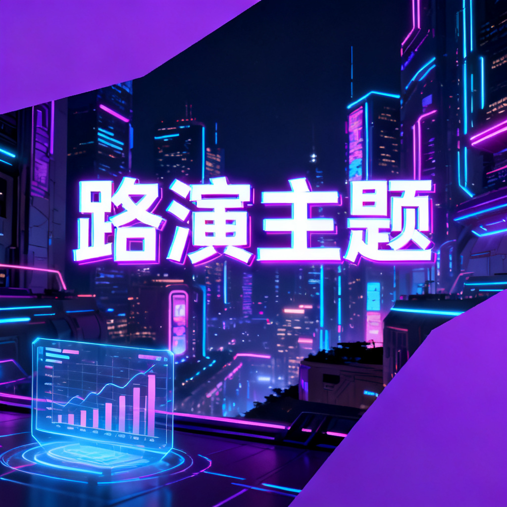 赛博朋克风格的路演PPT首页，背景是霓虹闪烁的未来城市夜景，主标题使用动态发光字体，页面布局采用非对称切割，左下角有全息投影的数据图表，整体色调以紫色和蓝色为主，强调科技感与神秘感