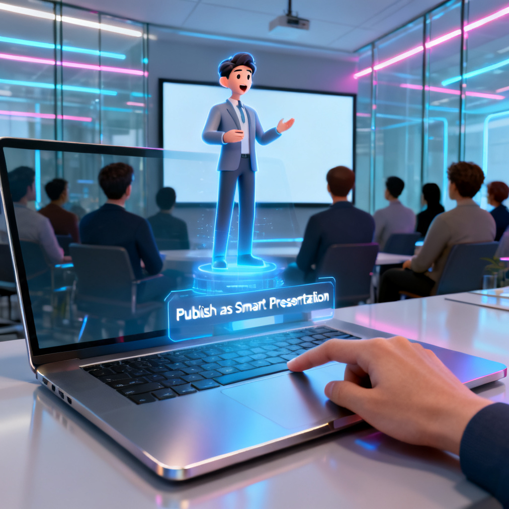 A futuristic office scene where a user clicks "Publish as Smart Presentation" on a laptop. A 3D holographic presenter avatar appears, speaking with a natural voice, while audience members watch on a large screen in the background.