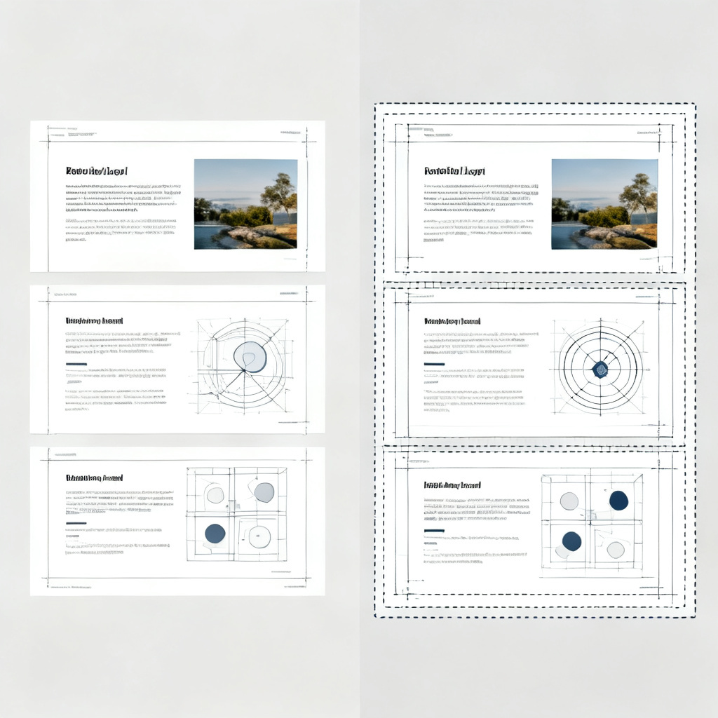 A split-screen comparison: left side shows a flat, uneditable AI-generated slide; right side shows the same slide with its text, images, and graphics separated into individual editable layers, style: technical diagram, clean UI