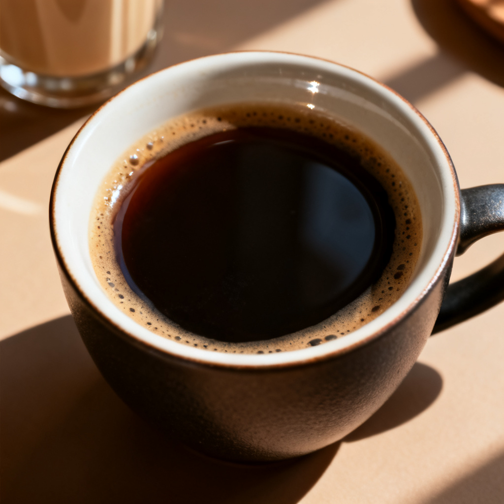 A macro-lens view of a pre-generated image where a glass of milk tea is being digitally replaced by a cup of black coffee, with the surrounding shadows, highlights, and color grading perfectly preserved and blended into the original composition