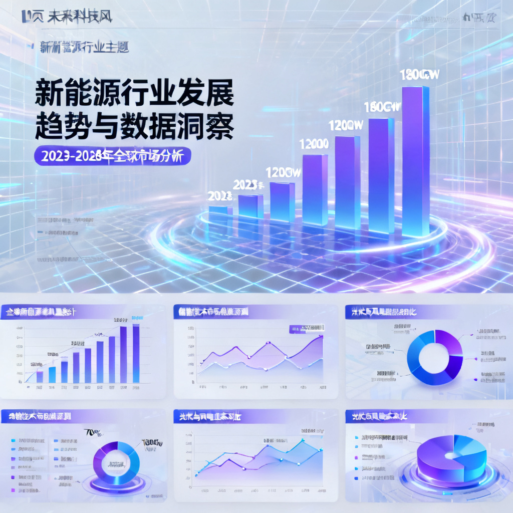 批量生成10页关于新能源行业的可编辑PPT，风格为未来科技风，包含图表和数据可视化