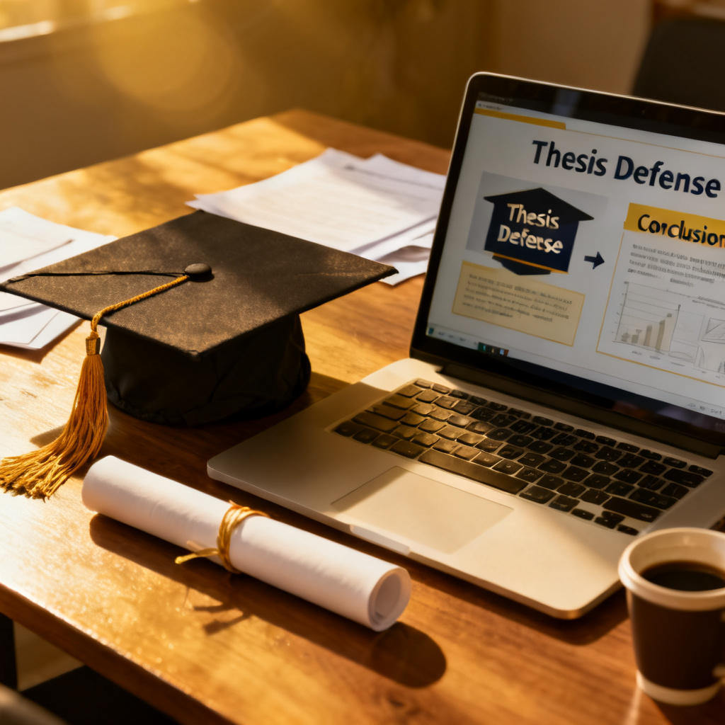 A graduation cap and diploma on a desk, next to a laptop screen displaying a completed thesis defense presentation, symbolizing academic success