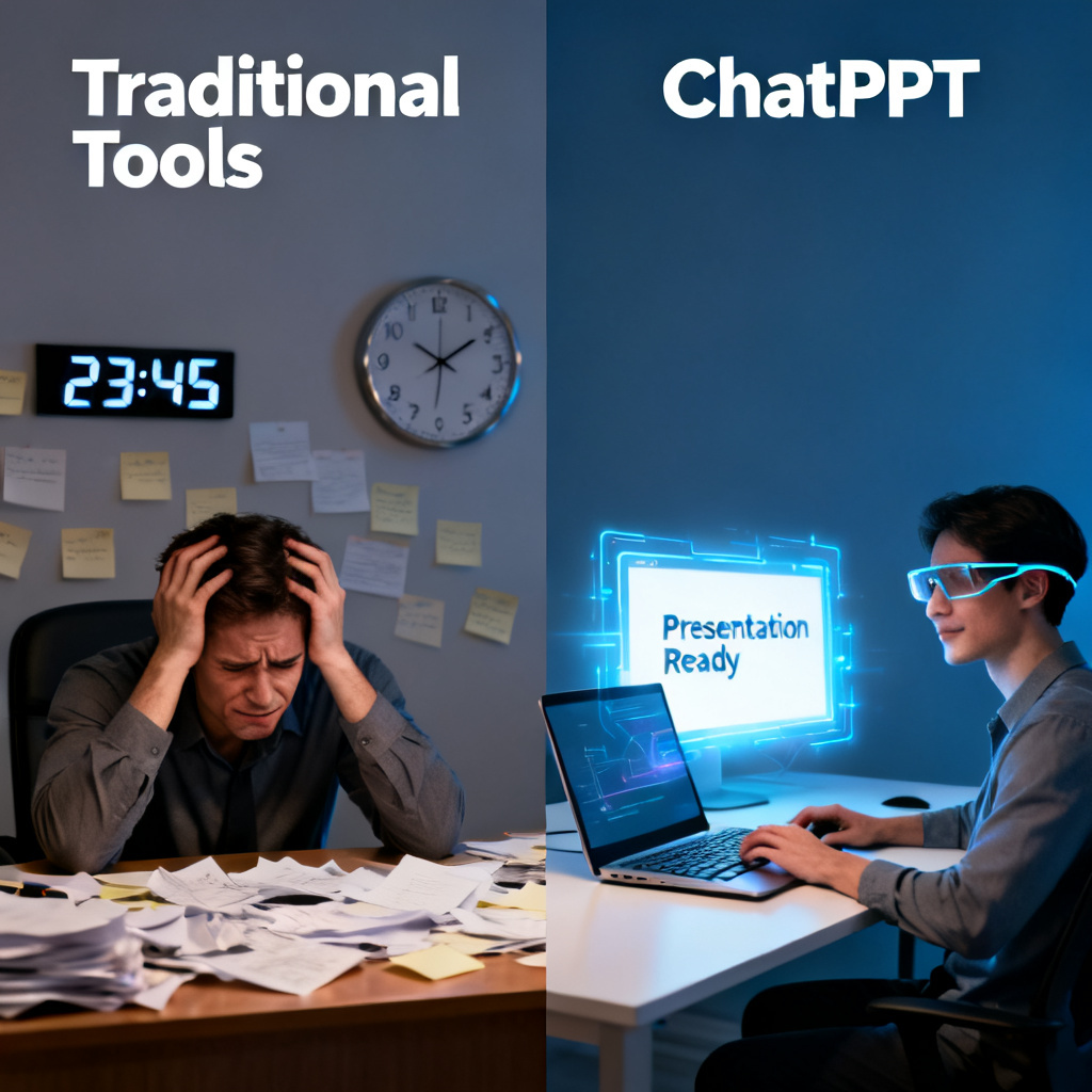 A split-screen comparison chart. The left side is labeled "Traditional Tools" and shows a messy desk with scattered paper notes, a clock showing late hours, and a stressed person. The right side is labeled "ChatPPT" and shows a clean desk with a laptop, a calm user wearing smart glasses, and a glowing digital presentation. The contrast is stark and clear.