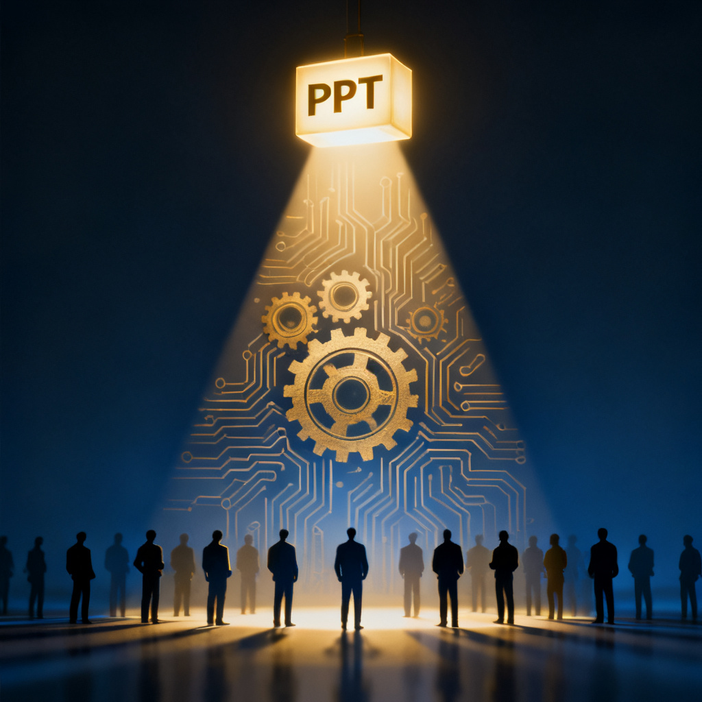 概念抽象图，一束光从写有"PPT"字样的发光立方体投射到远处的人群剪影上，光线中间有齿轮与电路纹理，象征信息转化为信任与决策，背景深邃，蓝金配色，拟人化艺术风格